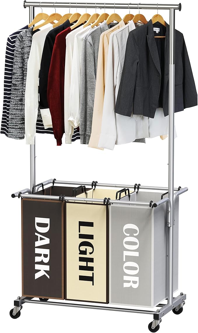 Simple Houseware 3 Bags Laundry Sorter Cart with Hanging Rod, Multi Color | Extendable Width from 30.6 to 48", Removable 3-Section Laundry Basket - Image 8