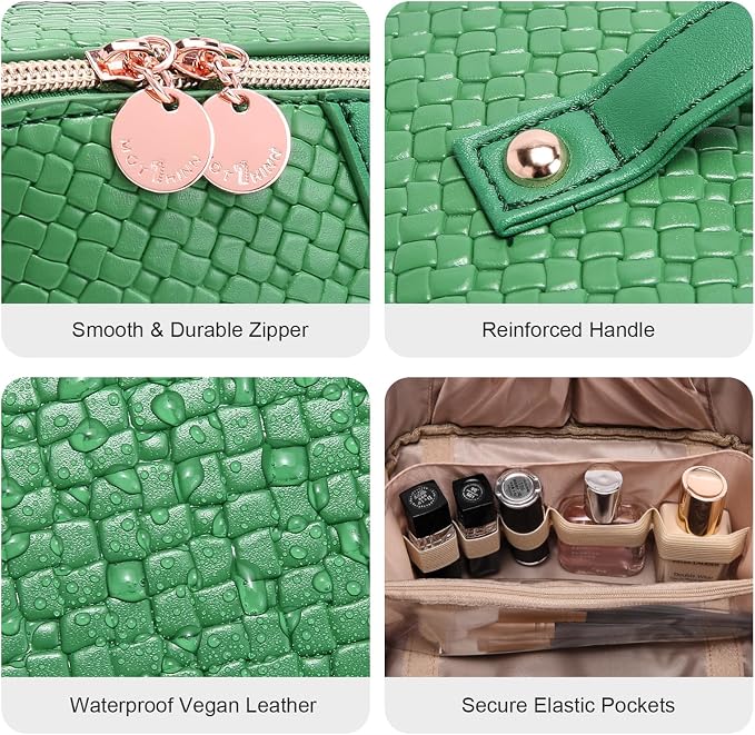 Travel Makeup Bag for Women: Designer 3 Pcs Set Cosmetic Bags for Women - Large Capacity Vagen Leather Hand-made for Toiletry Organizer - Ladies Travel Flat Open Essentials for Luxury (04Green) - Image 4
