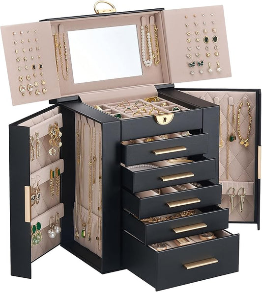 Lolalet Large Jewelry Box Organizer for Women, 6-Layer Jewelry Organizers and Storage Case with Mirror & 5 Drawers, Lockable Watch Ring Earring Bracelet Necklace Holder Girls Gift -6Layer, Black by Lolalet