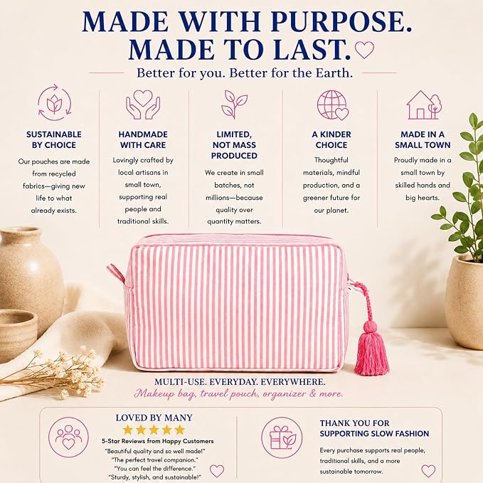 Huar Travel Makeup Bag- Large Capacity Cosmetic Bags for Women - Water Resistance Lining Portable Pouch & Open Toiletry Bag - Perfect Girls Makeup Organizer for Travel Essentials (Pink Stripe) - Image 5