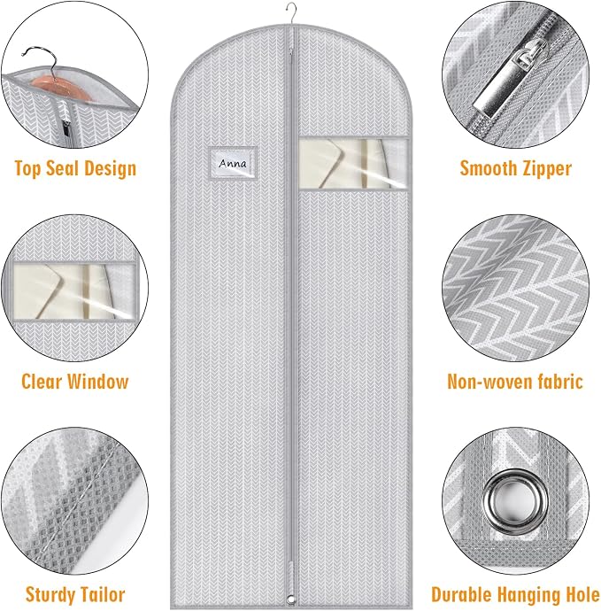 Syeeiex 60'' Dress Bags for Gowns, Set of 4 Garment Bag for Hanging Clothes, Dress Garment Bag, Dustproof and Keep Closet Tidy, Perfect for Suit Evening Dresses Fur Coat Long Dress Gown(Grey Arrow) - Image 3