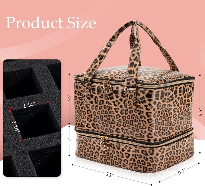 Uross Nail Polish Organizer Bag Holds 42 Bottles Nail Polish & Nail Lamp, Gel Nail Polish Organizers and Storage box for Nail Tech, Nail Kit Supplies Organizer Case - Leopard - Image 4