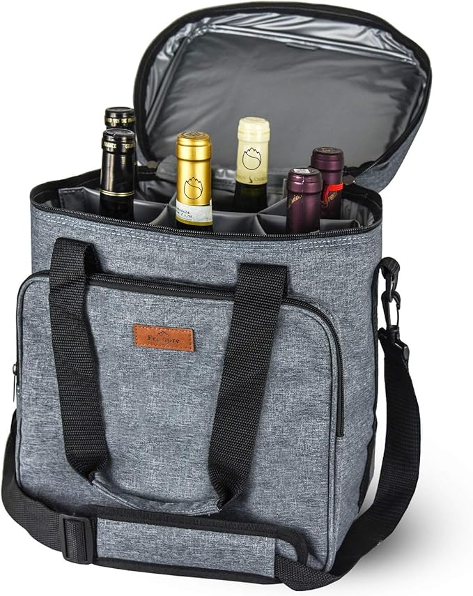 Freshore® Insulated Wine Carrier 6 Bottle Bag Tote Removable Padded Divider Cooler - Portable Travel Carrying Canvas Case Adjustable Shoulder Strap - (Space Grey) by Freshore