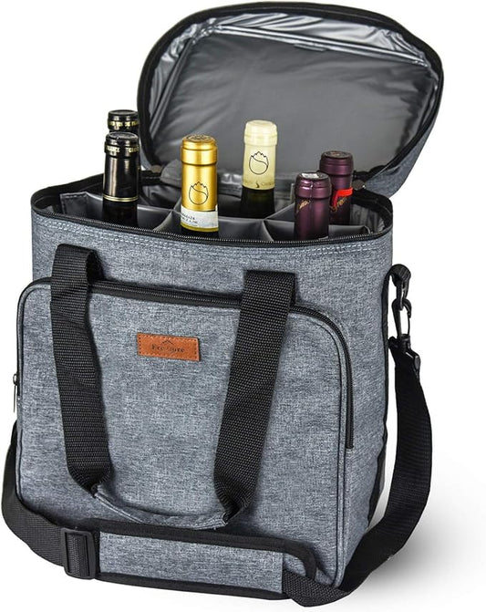 Freshore® Insulated Wine Carrier 6 Bottle Bag Tote Removable Padded Divider Cooler - Portable Travel Carrying Canvas Case Adjustable Shoulder Strap - (Space Grey) by Freshore