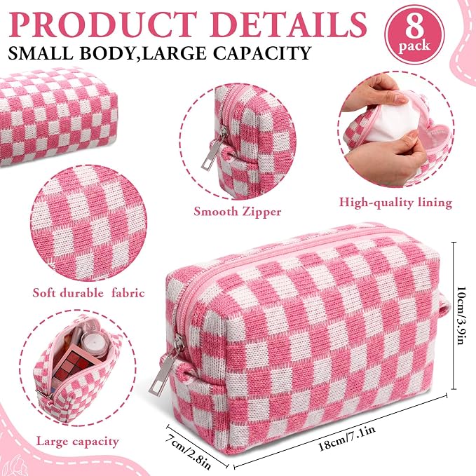 Gilprop 8 Pcs Checkered Makeup Bag for Purse Small Cosmetic Pouch Bulk Portable Zipper Makeup Pouch Travel Toiletry Organizer Gifts for Women Bridesmaid Wedding Party Favors (Colorful 2) - Image 2