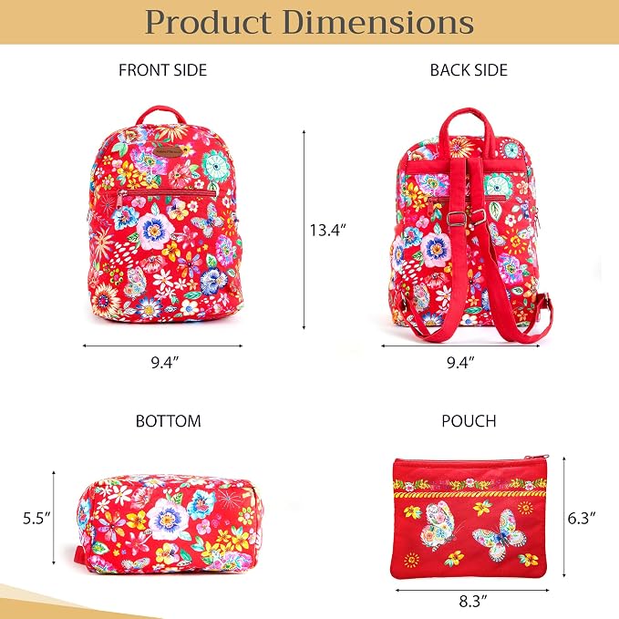 Maison d' Hermine Backpack for Women Men Cotton Shoulder Multipurpose Rucksack with Small Pouch Lightweight Multi Pocket for Travel Work Beach Perfect for Spring Summer (Happy Florals - Red) - Image 5