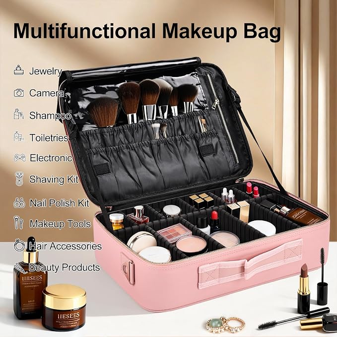 Large Travel Makeup Case, Professional Makeup Train Case Organizer for Women, Cosmetic Brush Bag Holder Waterproof Makeup Artist Storage Box with Adjustable Dividers and Shoulder Strap, Leather Pink - Image 5