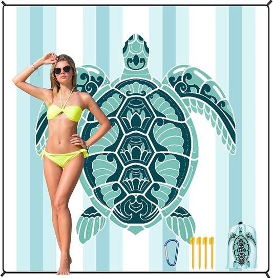 HIHOHO Beach Blanket Waterproof Sandproof Beach Mat 79”x 83” for 1-8 Adults Quick Drying Durable Outdoor Picnic Mat for Beach Festival Travel Camping Hiking (GN-Stripes Seaturtle, 79"×83"(4 Person)) by HIHOHO