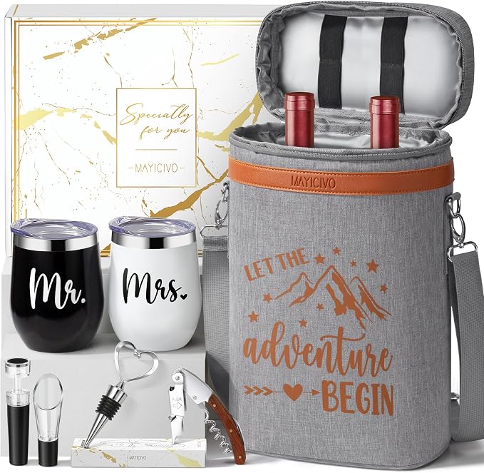 Wedding Gifts for Couples, Mr and Mrs Wine Tumblers Gifts - Engagement, Bridal Shower, Newlywed, His & Hers, Valentines Day, House Warming-Insulated Wine Cooler Tote Bag w/ Wines Accessories Gift Set by MAYICIVO