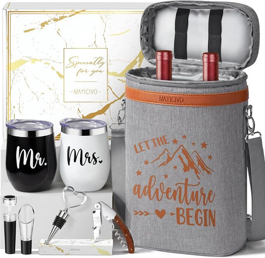 Wedding Gifts for Couples, Mr and Mrs Wine Tumblers Gifts - Engagement, Bridal Shower, Newlywed, His & Hers, Valentines Day, House Warming-Insulated Wine Cooler Tote Bag w/ Wines Accessories Gift Set by MAYICIVO