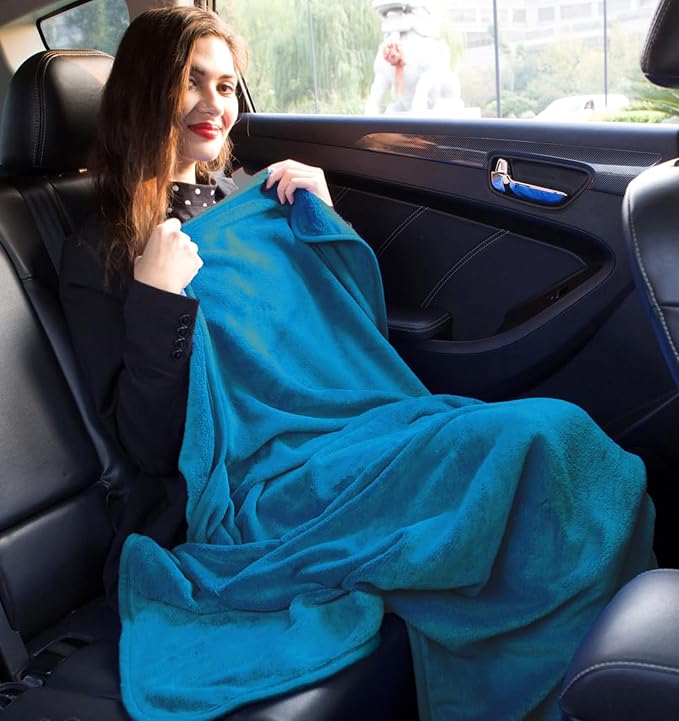 BlueHills Premium Soft Plush Mini Travel Blanket Pillow Airplane Teal Blue | Compact Pack with Luggage Belt & Backpack Clip, Car Use 2 in 1 Blanket, Foldable Case, Travel Essentials, Small Flight Throw - Image 4