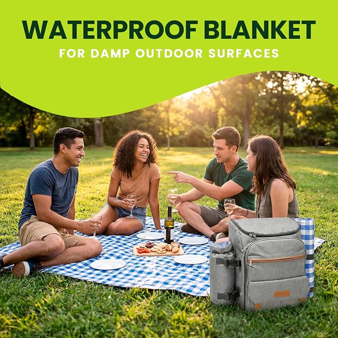 Nature Gear Picnic Backpack for 4, Insulated Picnic Set with Dinnerware, Wine Cooler, Blanket & Cutlery Service, Waterproof Outdoor Bag for Beach, Camping, Travel & Park, Blue - Image 7