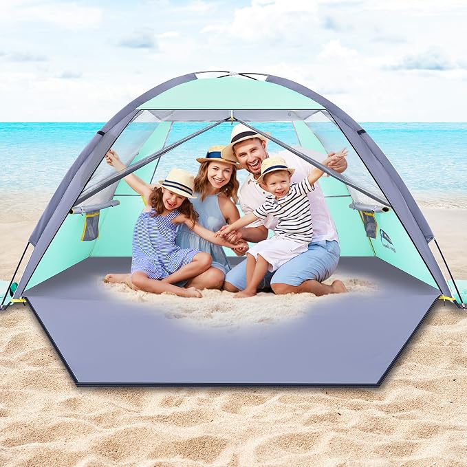 Happy Travel Beach Tent, UPF 50+ UV Protection Sun Shade Shelter for 3/4/5/6/7/8 Person, Portable Beach Canopy for Family & Baby, Lightweight & Easy Setup Beach Cabana with 3 Ventilation Mesh Windows by HappyTravel