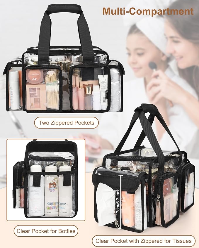 Relavel Clear Makeup Bag Professional Makeup Artist Kit Set Travel Cosmetic Organizer Case Transparent Stadium Approved Tote Bag Toiletry Lunch Duffle Work Shoulder Bag with Adjustable Dividers, Black - Image 4