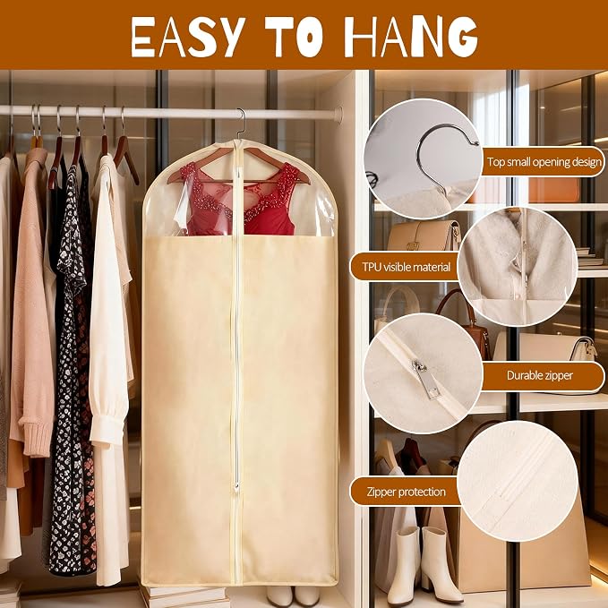 4 Pack 24 x 60 Inches Cotton Garment Bags for Hanging Clothes, Breathable Garment Bags for Long Dress, Fur Coat, Jacket, Gown, Suit, Garments Covers with Clear Window - Image 3