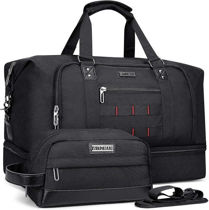 WITZMAN Nylon Duffle Bag for Men 55L with Toiletry Bag Sets Overnight Bag | Multi-pockets with Shoe Compartment and Dry-wet Pocket, Carry On, Convertible for Gym, Overnight, Sports, B696 Black by WITZMAN