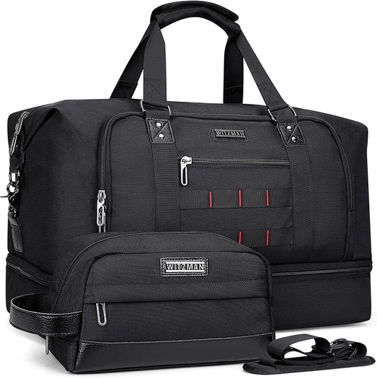 WITZMAN Nylon Duffle Bag for Men 55L with Toiletry Bag Sets Overnight Bag | Multi-pockets with Shoe Compartment and Dry-wet Pocket, Carry On, Convertible for Gym, Overnight, Sports, B696 Black by WITZMAN