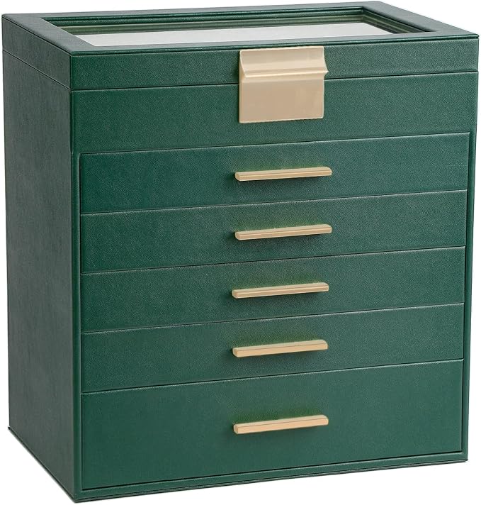 BOOVO Jewelry Box for Women, Green 6 Layer Large Jewelry Organizer with Glass Lid for Necklace, Bracelet, Earrings Storage, Jewelry Organizers and Storage for Girls Gift (Green and Gold, 6 layer) by BOOVO