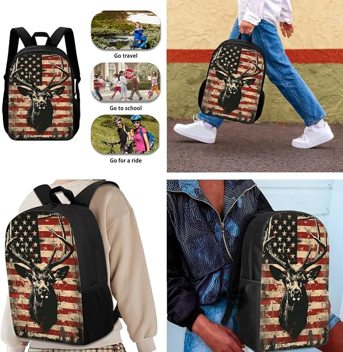 Deer Kids School Backpack for Boys Girls, American Flag Casual School Bag with Lunch Box Pencil Case, Lightweight 3PCs School Bookbag Set Suitable for Boys and Girls, Multicolor - Image 2