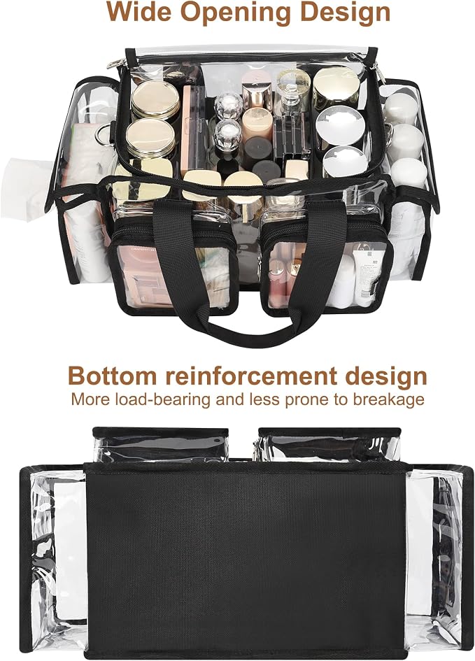 Relavel Clear Makeup Bag Professional Makeup Artist Kit Set Travel Cosmetic Organizer Case Transparent Stadium Approved Tote Bag Toiletry Lunch Duffle Work Shoulder Bag with Adjustable Dividers, Black - Image 2