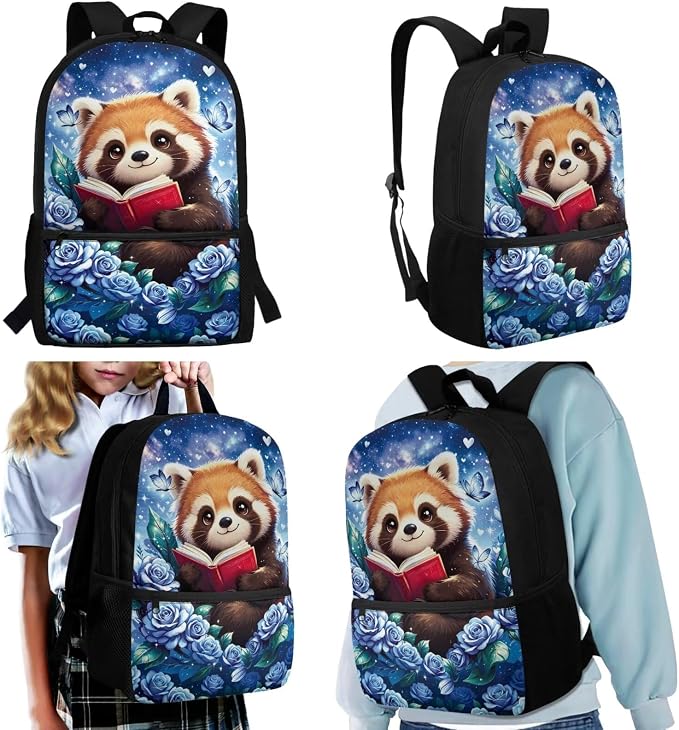 Red Panda Backpack Girls 17 Inch Large Capacity School Bag with Lunch Bag, 4-in-1 Set, Reading Animal Bookbag and Pencil Case Water Bottle Holder Back to School Supplies - Image 2
