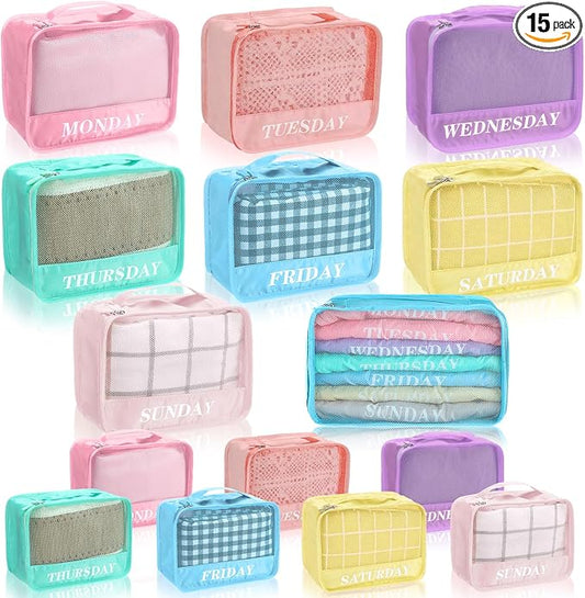Days of Week Packing Cubes Summer Camp Essentials Weekly Organizer Storage Bag School Clothes for Travel Kids Family(12x9x5inch,Macaron,15) by Yeyeplum