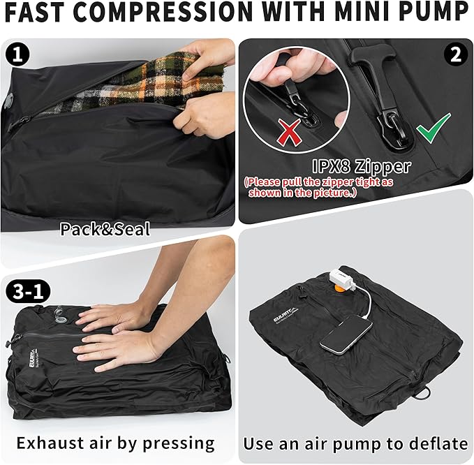 Eulant Travel Vacuum Bags with Pump,Professional IPX8 Waterproof Vacuum Compression Bag for Carry-On Suitcase & Travel Backpack,Space Saver Bags Packing Organizers(2 Pack,Black) - Image 7