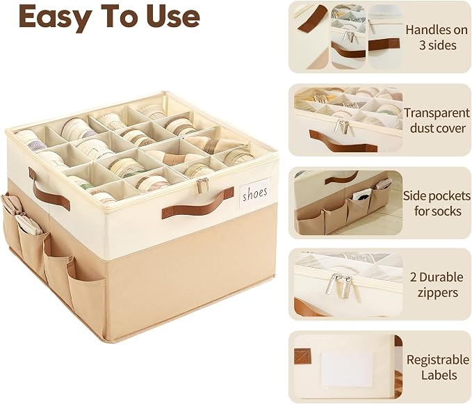 Varhomax Shoe Organizer Box 2 Pack for Closet, Fabric Shoe Storage Bin with Adjustable Dividers & Clear Cover, Holds up 16-32 Pairs of Sneakers & Sandals for Entryway, Cubby - Image 6