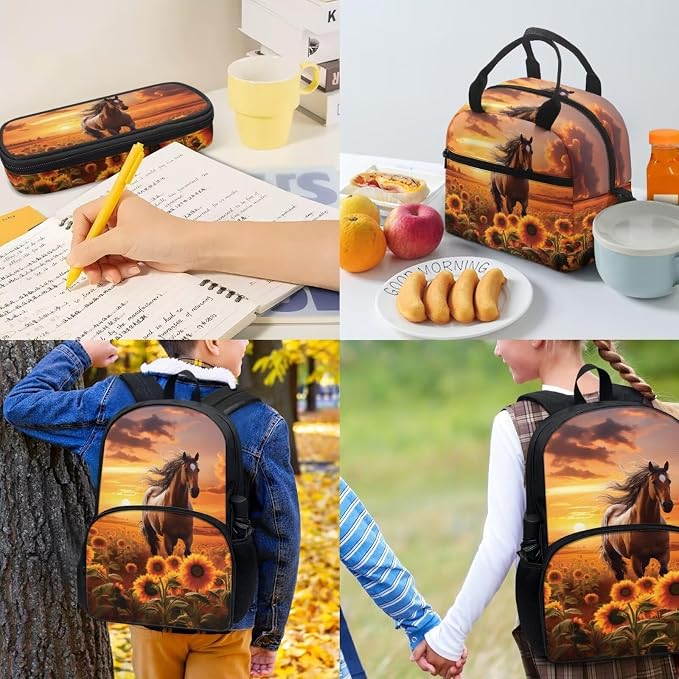 Brown Horse Sunflower Sunset Student Schoolbag Big Capacity Book Bags Laptop Backpack for Kids Girls Boys Pencil Case Lunch Bag Water Cup Pouch Travel Bookbag Rucksack with Compartments - Image 4