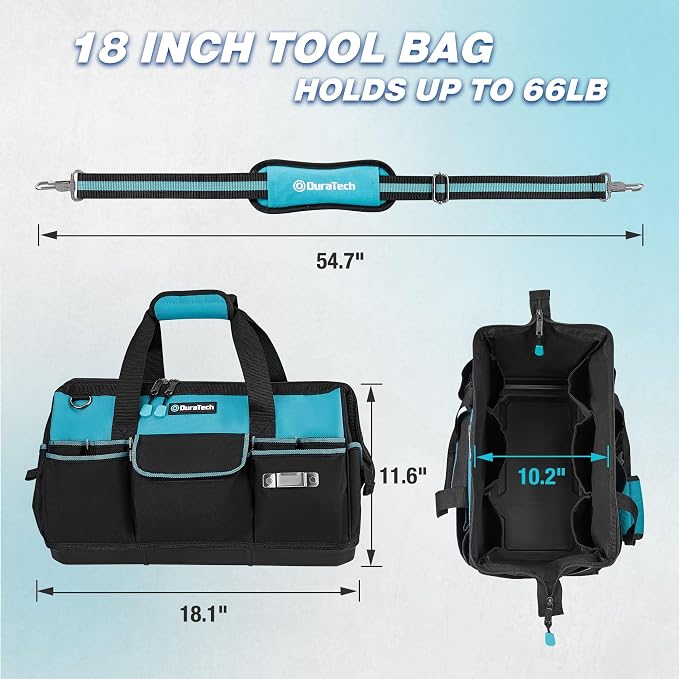 DURATECH 18" Large Tool Bag with Waterproof Hard Bottom, 19 Pockets | Heavy Duty Construction, Wide Open Mouth, Multiple Storage Pockets, Electricians Mechanics Plumbers HVAC Use - Image 2
