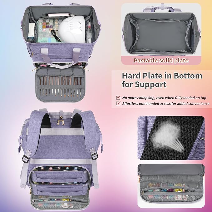 Nail Polish Organizer Case Backpack Holds 70 Bottles (15ml/0.5fl.oz) & Nail Lamp, 2 Layers Detachable Nail Kit Storage Case, Large Travel Nail Supplies Shoulder Bag for Manicure Tools (Purple) - Image 3