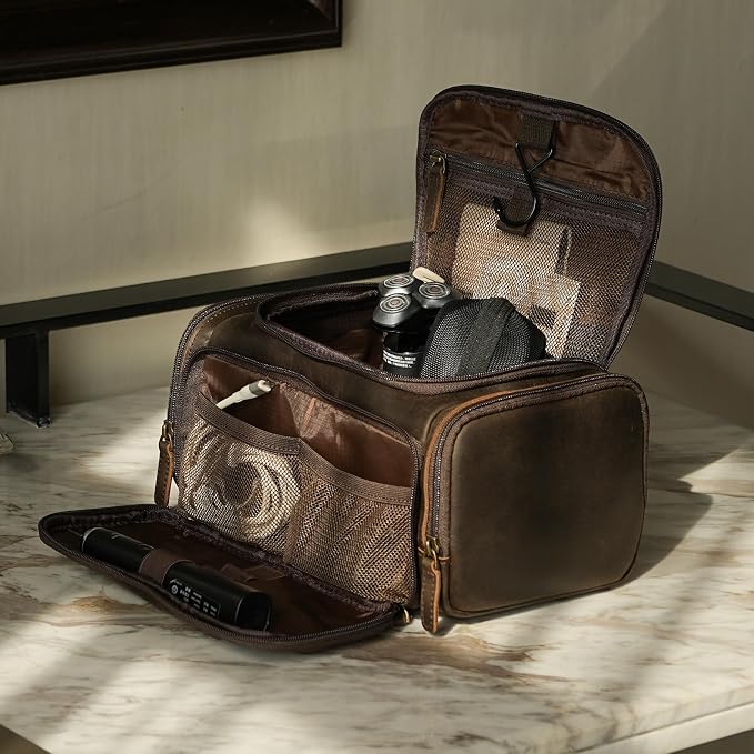 Polare Full Grain Leather Toiletry Bag Travel Dopp Kit Makeup Cosmetic Organizer Shaving Kit Wash Case with Hanging Hook (B-Dark Brown) - Image 3