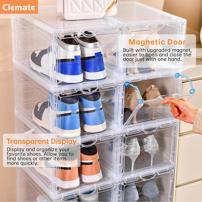 Clemate Upgraded X-Large Shoe Storage Box,8 Pack,Shoe Box Clear Plastic Stackable,Drop Front Shoe Box with Clear Door,Shoe Organizer and Shoe Containers For Sneaker Display,Fit up to US Size12 - Image 6