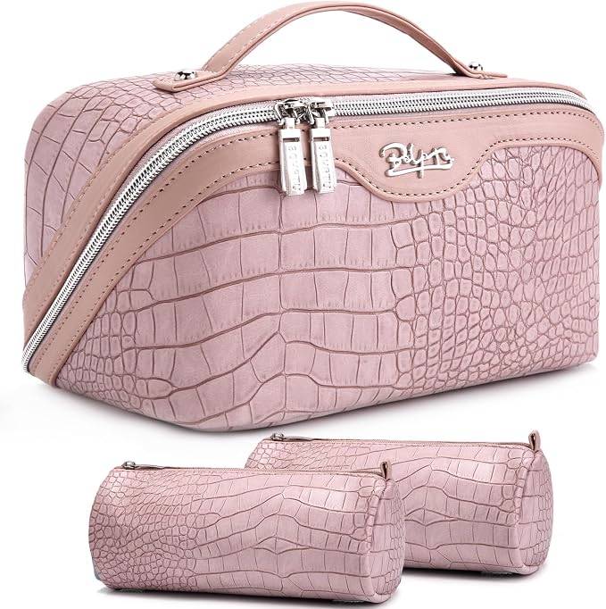 BOYATU Travel Makeup Bag Cosmetic Bags for Women: 3 Pcs Set Large Capacity Make up Bag with Handle - Crocodile Pattern Vegan Leather Toiletry Bags Travel Essentials with Compartments((E-4-Pink) by BOYATU