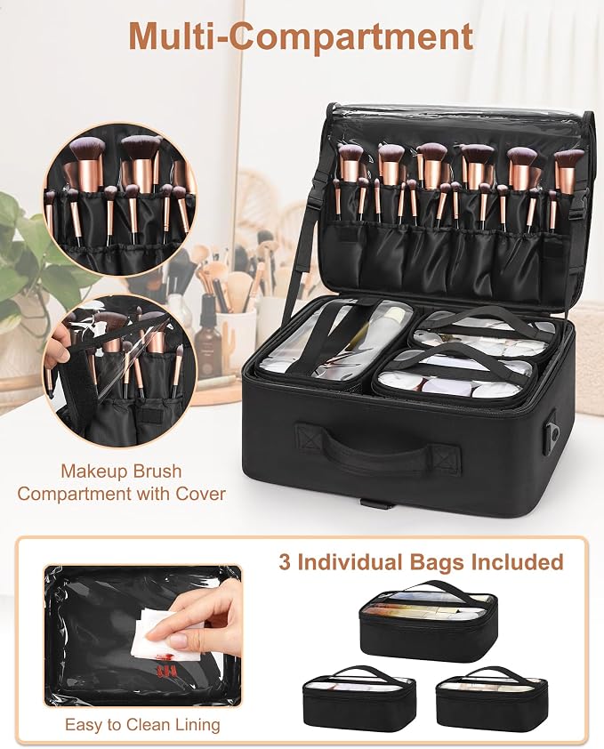 Relavel Large Makeup Bag with 3 Removable Pouches, Travel Train Case Cosmetic Organizer Carrying Box for Makeup Artists Hairstylist with Adjustable Dividers, Brush Holder and Shoulder Strap, Black - Image 4