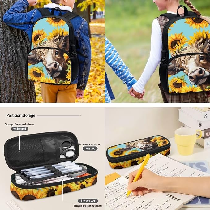 4 pcs Highland Cow Sunflower Schoolbag Set for Girls Boys，Durable Highland Cow School Bag Set with Insulated Lunch Box Pencil Case Water Bottle Bag School Supplies - Image 4
