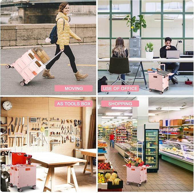 FELICON SELORSS Folding Utility Cart Portable Rolling Crate Handcart-Pink | Magnetic Sliding Lid,Telescoping Handle,Plastic Box Dolly,360°Swivel Wheels for Travel Shop Move Laundry Office Teacher Use - Image 6