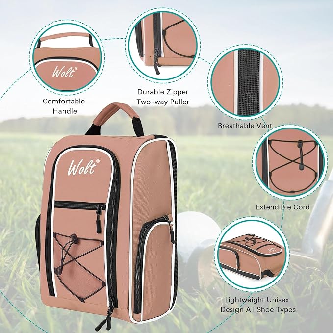 Wolt |Golf Shoe Bag for Travel- Zippered Shoes Carrier Bags with Ventilation & Double Outside Accessory Pocket for Socks, Tees, Golf Balls, Etc. for Women and Men (LightPink) - Image 3