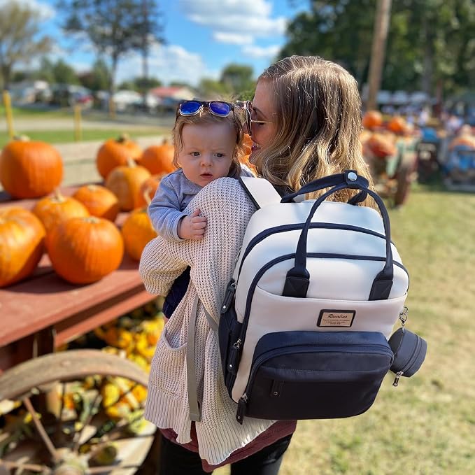 RUVALINO Diaper Bag Backpack-Multifunction Baby Travel Bag with Changing pad, Insulated Bottle Holders & Pacifier Case, Large Capacity, Waterproof, Cream & Blue - Image 8