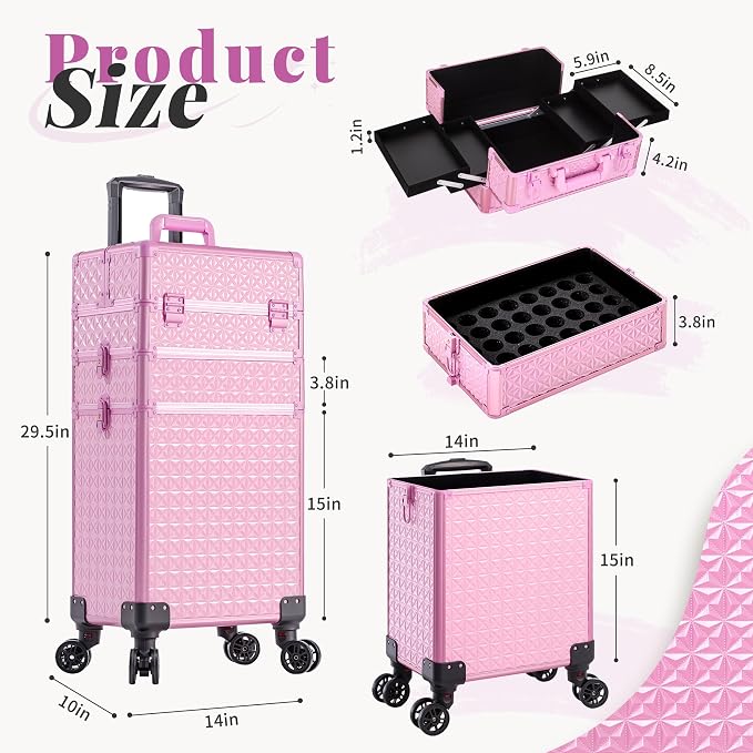3 in 1 Rolling Makeup Train Case Cosmetology Case on Wheels, Pink | Large Cosmetic Trolley Organizer with Keys Salon Barber Case Traveling Cart Trunk for Artist Hairstylists Nail Tech - Image 2