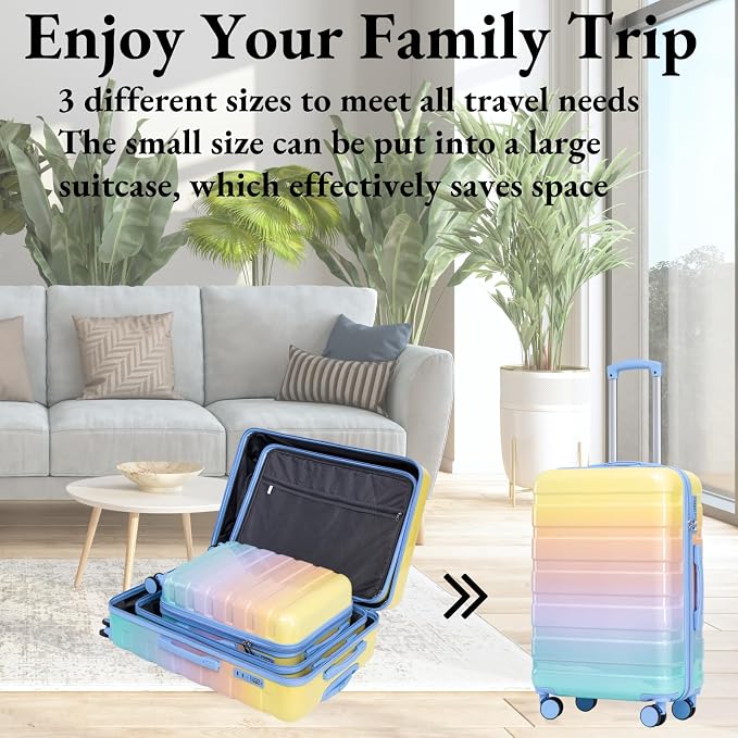 3-Piece Luggage Set 20/24/28’’ Hard-shell with 360° Spinner Wheels, Gradient Color Suitcase with Combination Lock, Lightweight PC Material, (Yellow + Blue) - Image 3