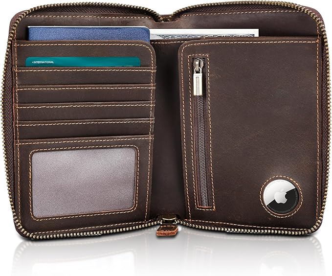 Polare Full Grain Leather Travel Passport Wallet with YKK Zipper and RFID Blocking Document Organizer Holder 2 Passports (Dark Brown with AirTag Slot) by polareoriginal
