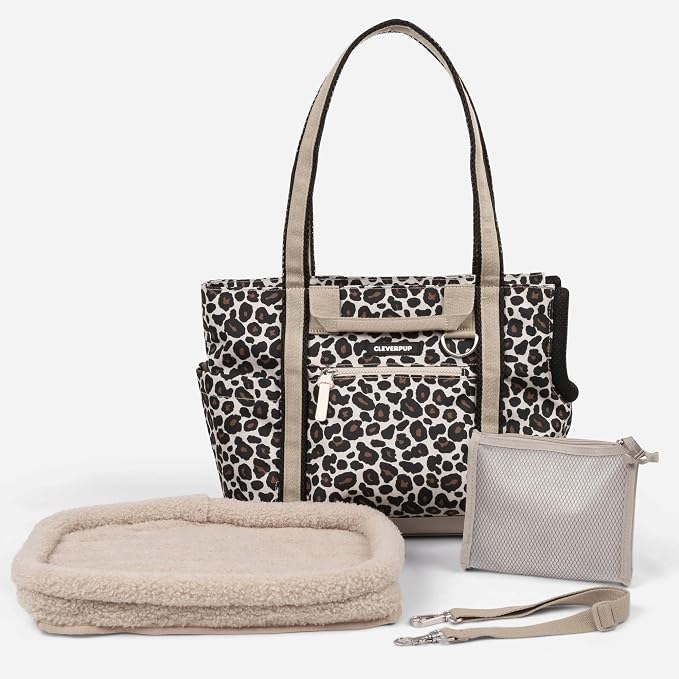 Cleverpup Transit Tote Dog Carrier for Small Dogs Under 8 lbs, 16x11x8 Soft-Sided 4-Pc Set with Waterproof Base, Plush Insert, Food Pouch, Mesh Head Opening - Small, Leopard by Cleverpup