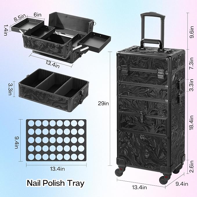 Somduy Rolling Makeup Case with Drawer, Makeup Train Case, 4 in 1Cosmetology Case on Wheels, Christmas Gift, Large Makeup Organizers, Profesional Cosmetic Case for Salon Barber, Pattern Black - Image 2