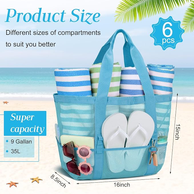 Hillban Large Beach Mesh Bags Bulk for Women Beach Tote Bag with 8 Pocket Zipper Waterproof Sandproof for Pool Cruise Ship - Image 3