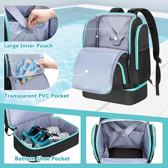 GOBUROS Swim Bag for Swimmers with Shoe Compartment, Swim Backpack for Men and Women, Swimming Bag with Multiple Pockets for Swim Gear Organization, Black - Image 2