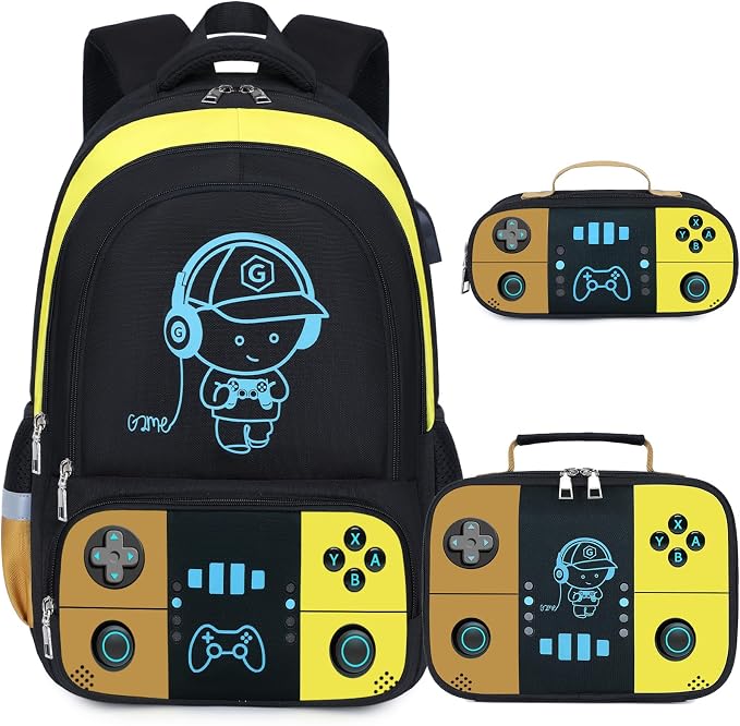 Bevalsa Backpack for School Boys, Cool Luminous Gamer Boys Schoolbag with Lunch Box & Pencil Case Set for Kids Teens Elementary Middle School, Bookbag Glow In The Dark(Orange Backpack) by Bevalsa