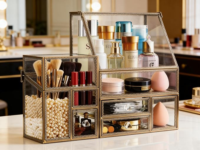 Luxury Glass Makeup Organizer Antique Bronze Metal Frame, Clear Vanity Countertop Storage Case for Cosmetics, Skincare, Perfume, Jewelry, Brush Holder & Drawers for Bathroom, Bedroom, Dressing Table - Image 4