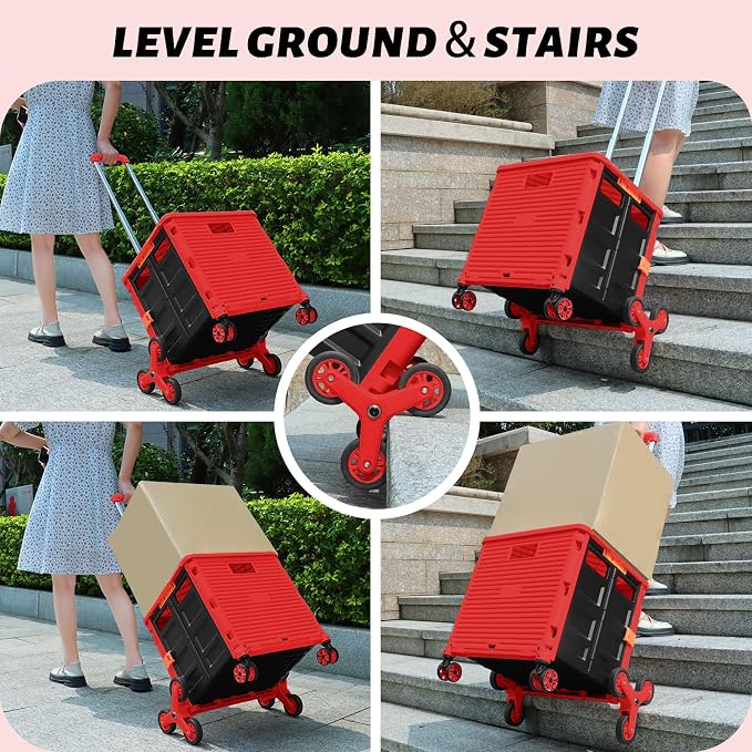 FELICON SELORSS Folding Utility Climber Cart Portable Rolling Crate-Red | Stair Climbing Wheels+360°Swivel Wheels,Telescoping Handle,Plastic Box Dolly for Travel Shop Move Laundry Office Teacher Use - Image 3