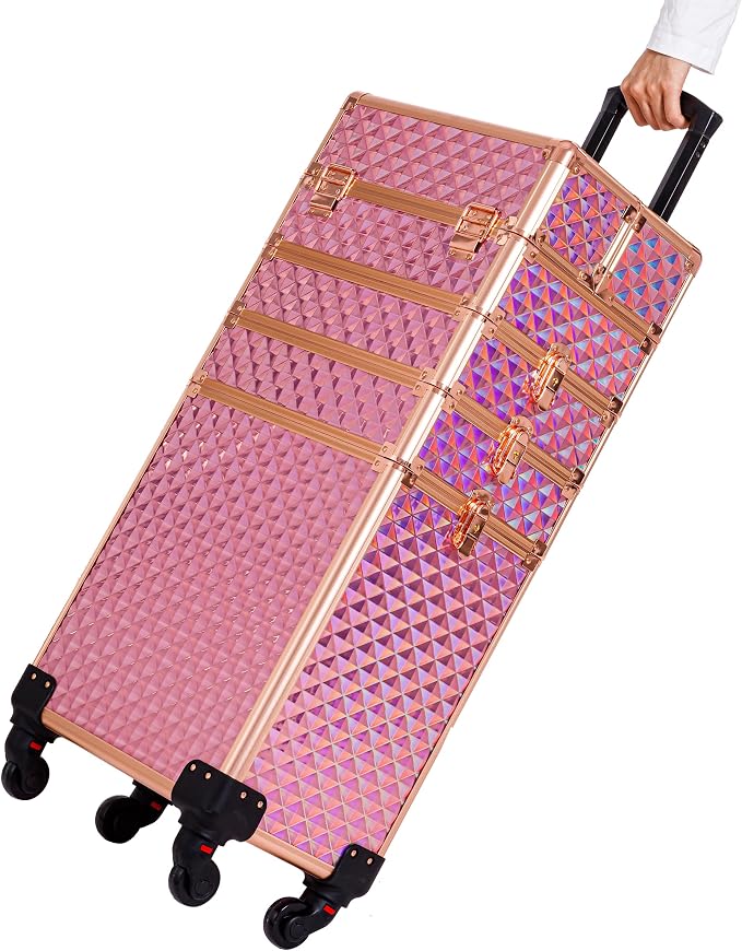 AROUS Rolling Makeup Train Case 4 in 1 Cosmetology Case on Wheels Large Storage Cosmetic Trolley with Key Salon Barber Case Traveling Cart Trunk, Pink - Image 8